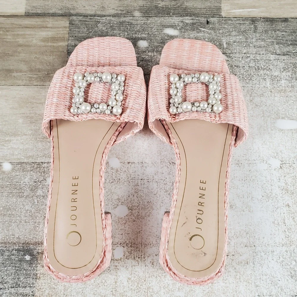Journee Collection Justina Womens Sandal‎ Sz 8 M Pink Beaded Slip On Block Heel